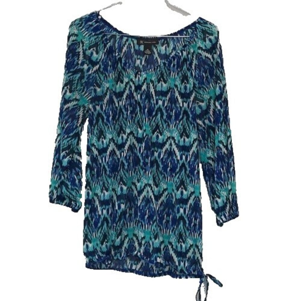 Inc International Concepts Womens BOHO Top Medium Blue Printed 3/4 Sleeve Casual